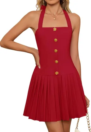ZESICA Womens Summer Sleeveless Mini Dress 2025 Halter Neck Backless A Line Swing Pleated Short Party Dresses