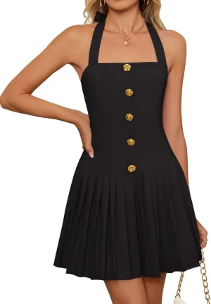 ZESICA Womens Summer Sleeveless Mini Dress 2025 Halter Neck Backless A Line Swing Pleated Short Party Dresses