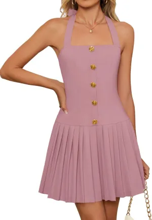 ZESICA Womens Summer Sleeveless Mini Dress 2025 Halter Neck Backless A Line Swing Pleated Short Party Dresses